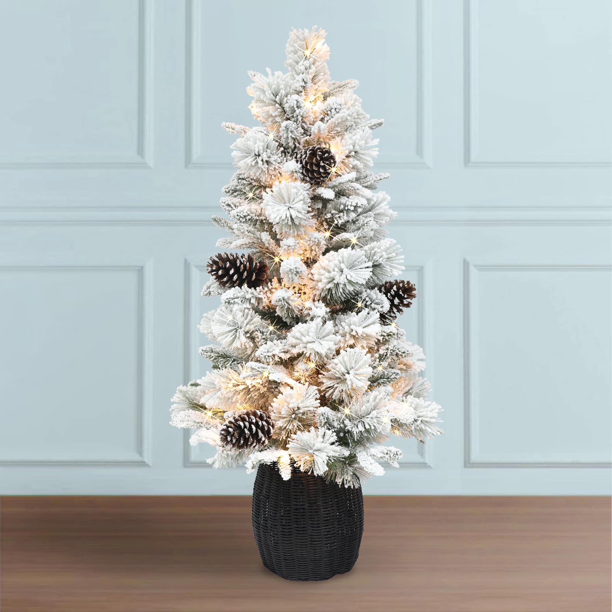 6 Pack: 4.5ft. Pre-Lit Flocked Potted Pine Artificial Christmas Tree